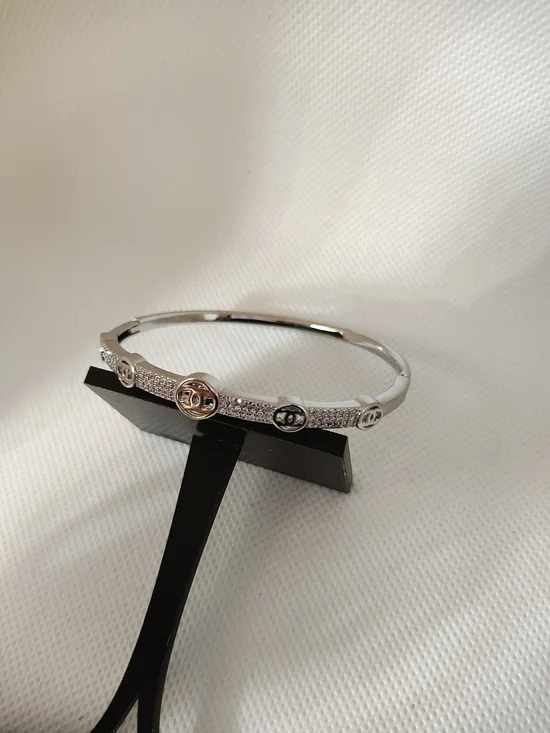 Silver Crystal Pavé Logo-Accent Bangle Bracelet - Picture 3 of 6